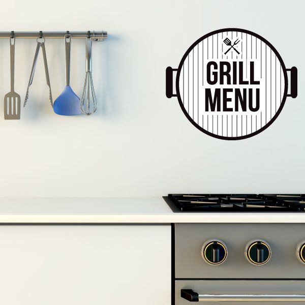 Round grill menu decal with headphones icon and bold GRILL MENU text