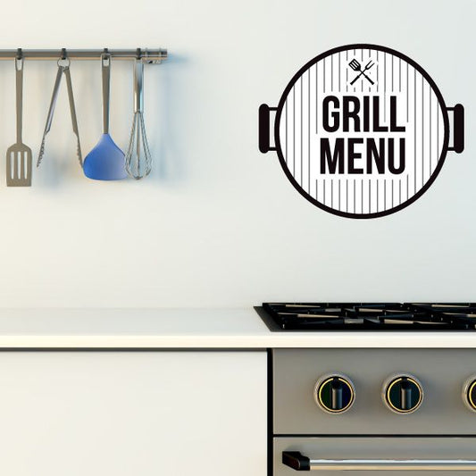 Round grill menu decal with headphones icon and bold GRILL MENU text