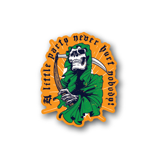 Vinyl sticker of grim reaper skull in green robe with orange halo and lettering