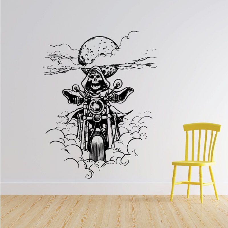 Skull grim reaper on motorcycle wall decal with clouds and moon, black-and-white vinyl