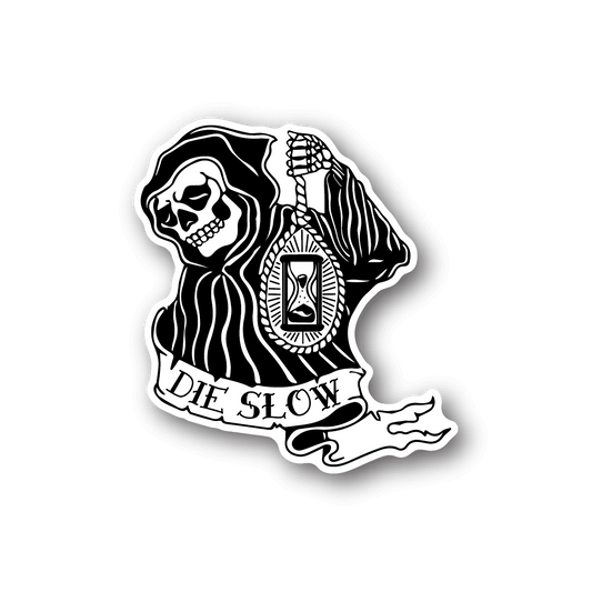Grim Reaper die slow vinyl sticker, white outline skeleton and 'DIE SLOW' text