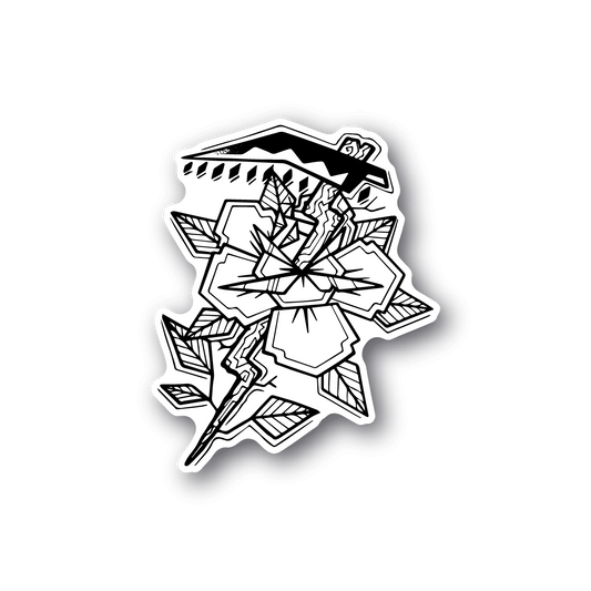 Vinyl sticker featuring grim reaper and flower, white outline