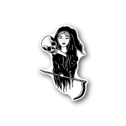 Vinyl sticker of a grim reaper girl holding a scythe and skull, black and white