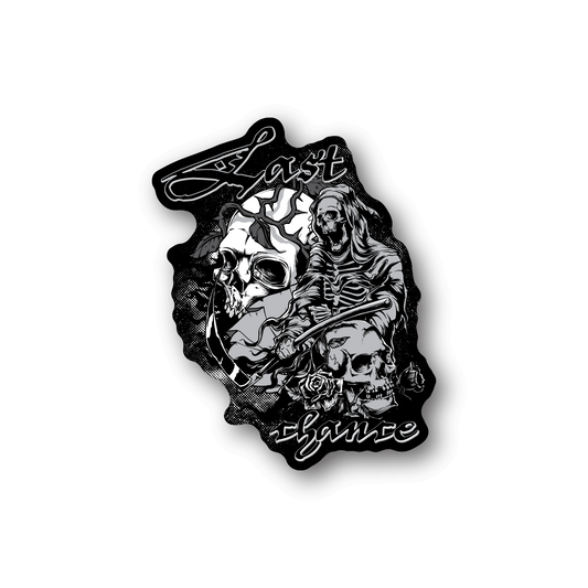 Grim reaper vinyl sticker with skull, scythe, 'Last chance' text