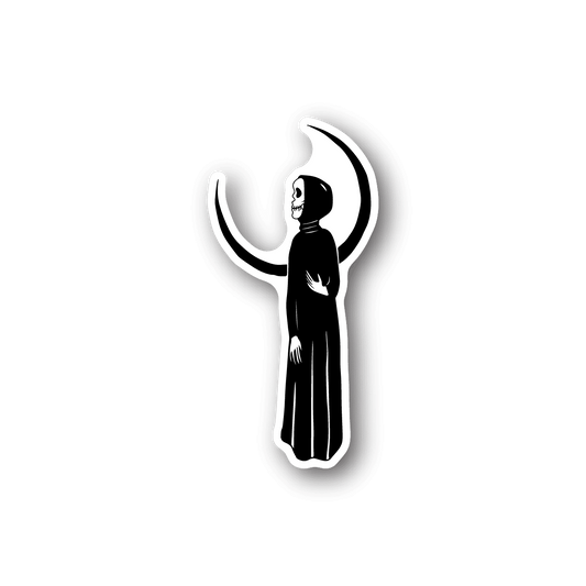 Grim reaper vinyl sticker, black and white hooded figure with crescent moon accents