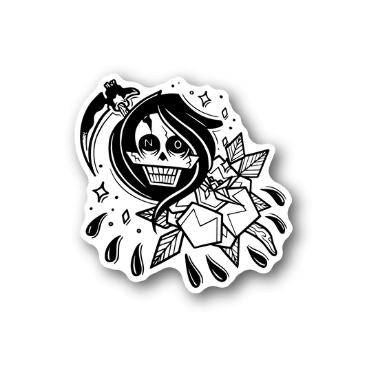 Die-cut grim reaper sticker with black-and-white skull and scythe design