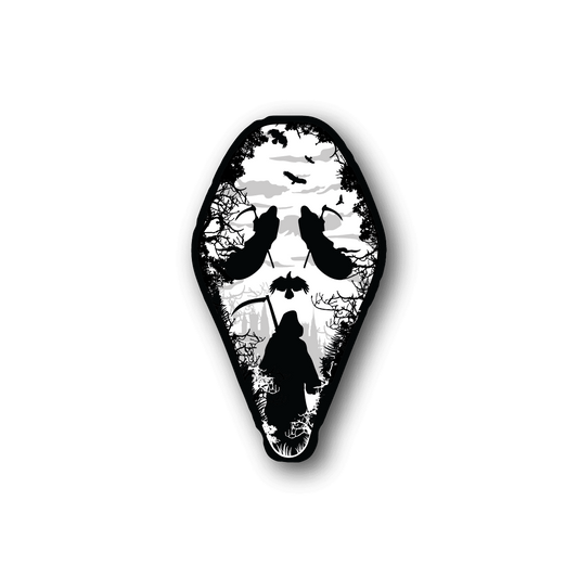 Teardrop skull vinyl sticker with dark birds and collage graphic