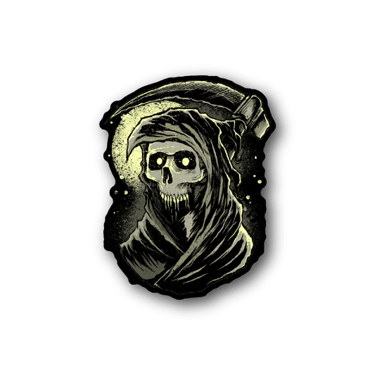 Hooded grim reaper skull vinyl sticker with tattered cloak and glowing yellow highlights