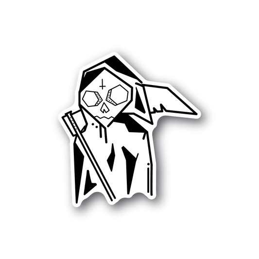 White grim reaper tattoo vinyl sticker, skull-faced reaper figure with scythe