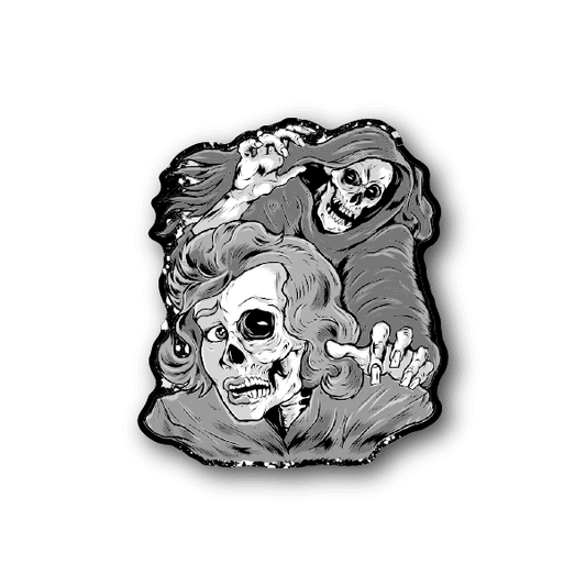 Vinyl sticker of grim reaper holding a distressed woman and skull