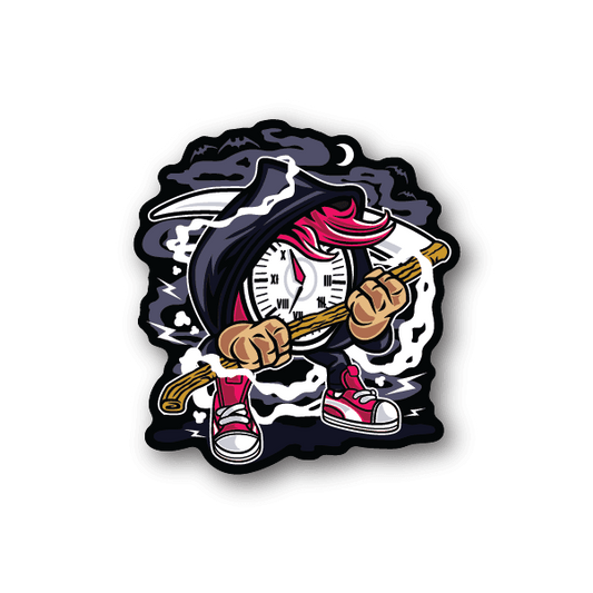 Vinyl sticker with cartoon grim reaper figure, skull face, scythe and hooded cloak