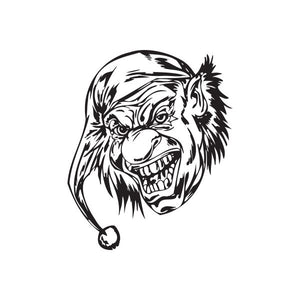 Jester decal: grinning skull face with long pointed hat, black-and-white line art