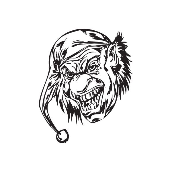 Jester decal: grinning skull face with long pointed hat, black-and-white line art