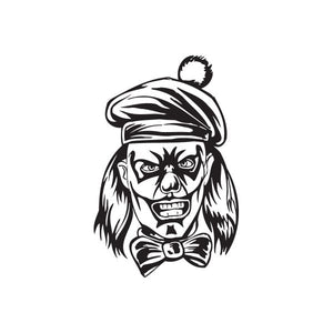 Clown decal with grimacing face, cap and bow tie, black and white outline