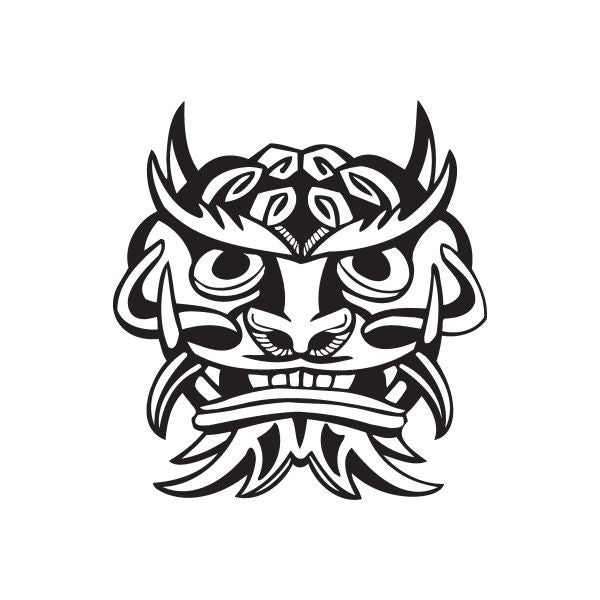 Black tiki lion-dragon face decal with grinning eyes and curved horns