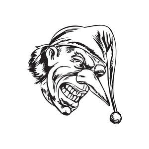 Grinning jester head decal with pointy nose, black-and-white illustration