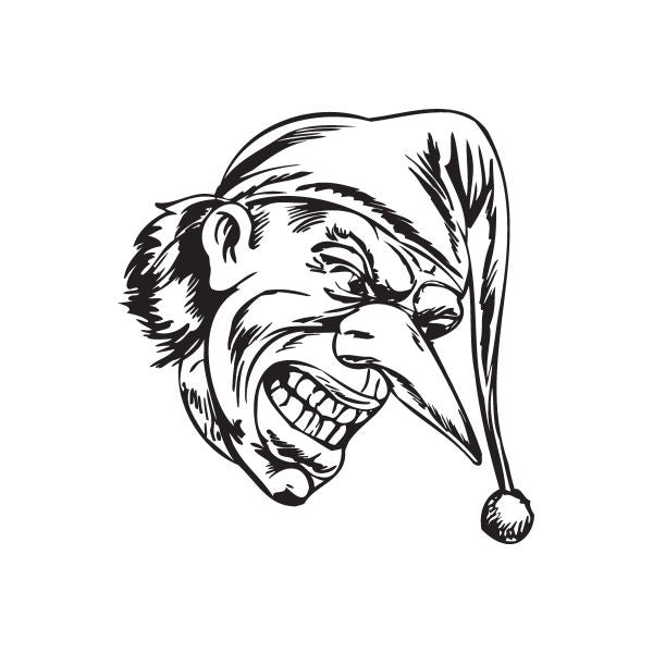 Grinning jester head decal with pointy nose, black-and-white illustration