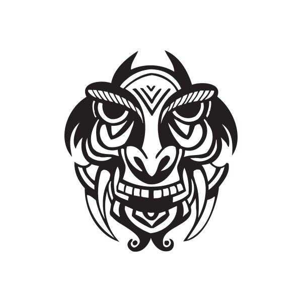 Black grinning tiki face decal with tribal horns and detailed lines
