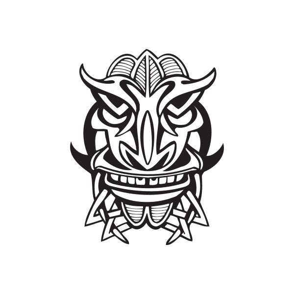Grinning tiki decal with black tribal face line art