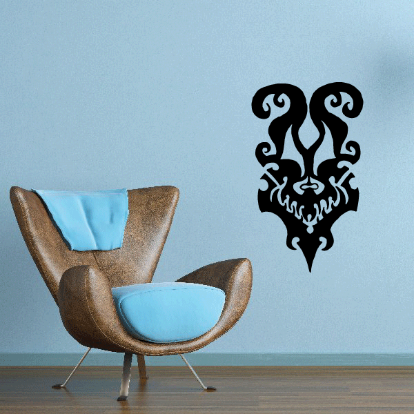 Tribal dragon mask decal, black flame-like snarling design
