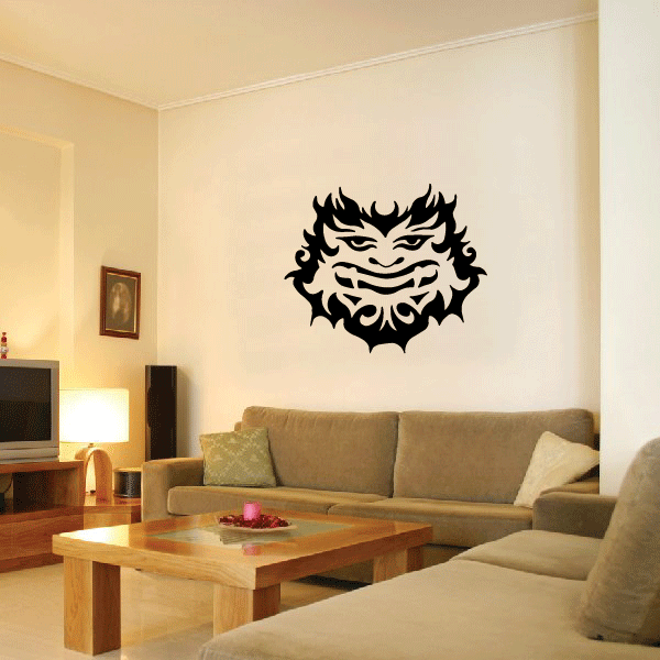Black tribal fire sprite mask decal with grinning face and spiky flames