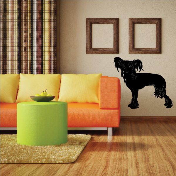 Groomed Chinese Crested dog decal with black silhouette in a standing pose