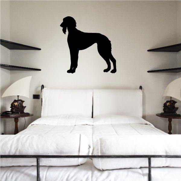 Black saluki dog silhouette decal, standing with tail up and long ears.
