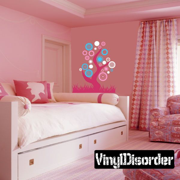 Colorful vinyl wall decal tree with curly circles and grass border