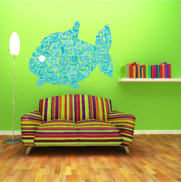 Blue fish sticker with swirling pattern, wall decal