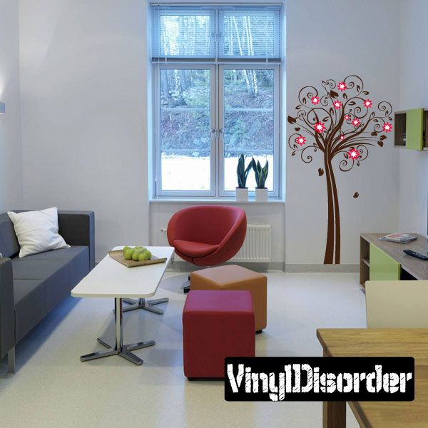 Brown spiral branch wall decal tree with red flowers and butterflies, vinyl wall sticker set