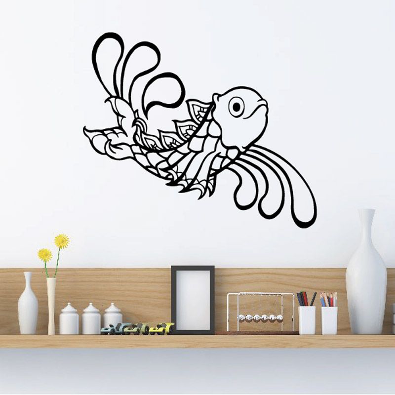 Koi fish wall decal with splash and decorative line-art details