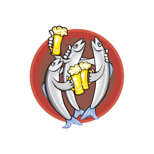 Fish group sticker, three cartoon fish holding beer mugs in a red circle