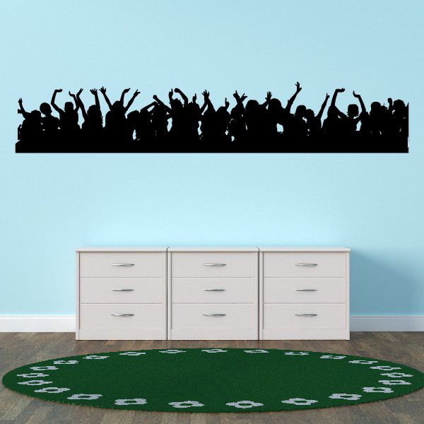 Partying people wall sticker with black crowd silhouettes and raised hands