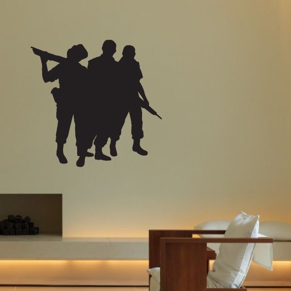 Group of soldier figurine silhouettes with rifles and helmets