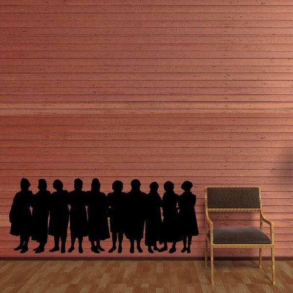 Black silhouette women group wall decal with ten standing figures