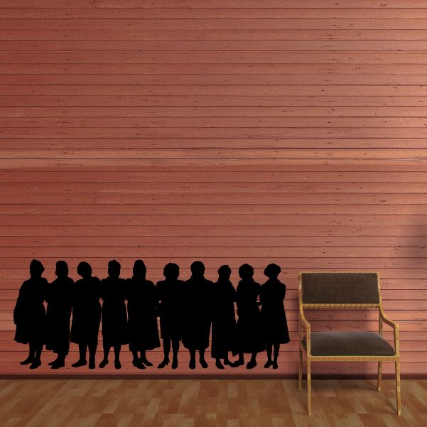 Black silhouette women group wall decal with ten standing figures