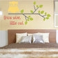 Little owl wall decal with branch leaves and red quote text