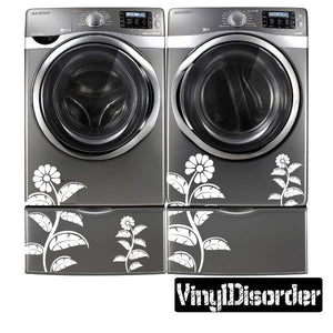 Washing machine decal set: white flower and leaf decals with dark border, front panel