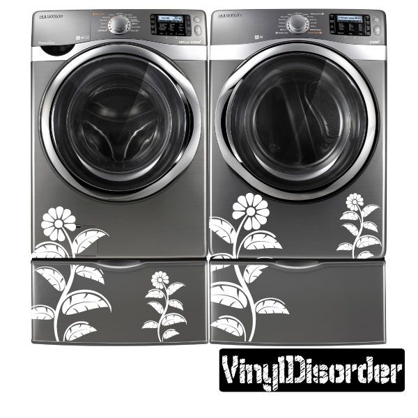 Washing machine decal set: white flower and leaf decals with dark border, front panel