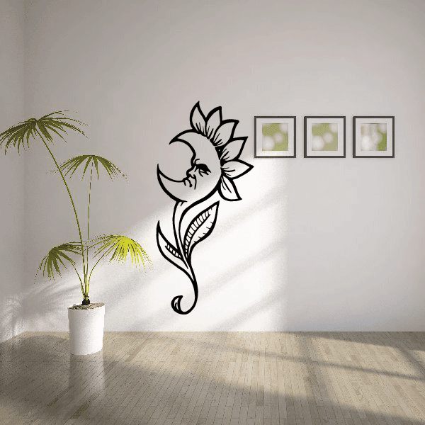 Growing moon flower wall decal: crescent moon and line-art flower fairy with vines