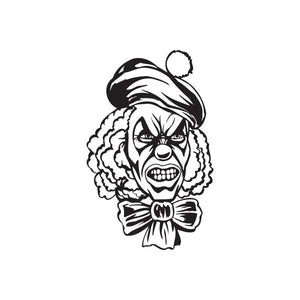 Clown head hat decal with black-and-white snarling face and bow tie