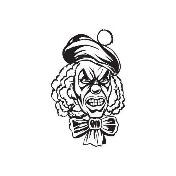 Clown head hat decal with black-and-white snarling face and bow tie
