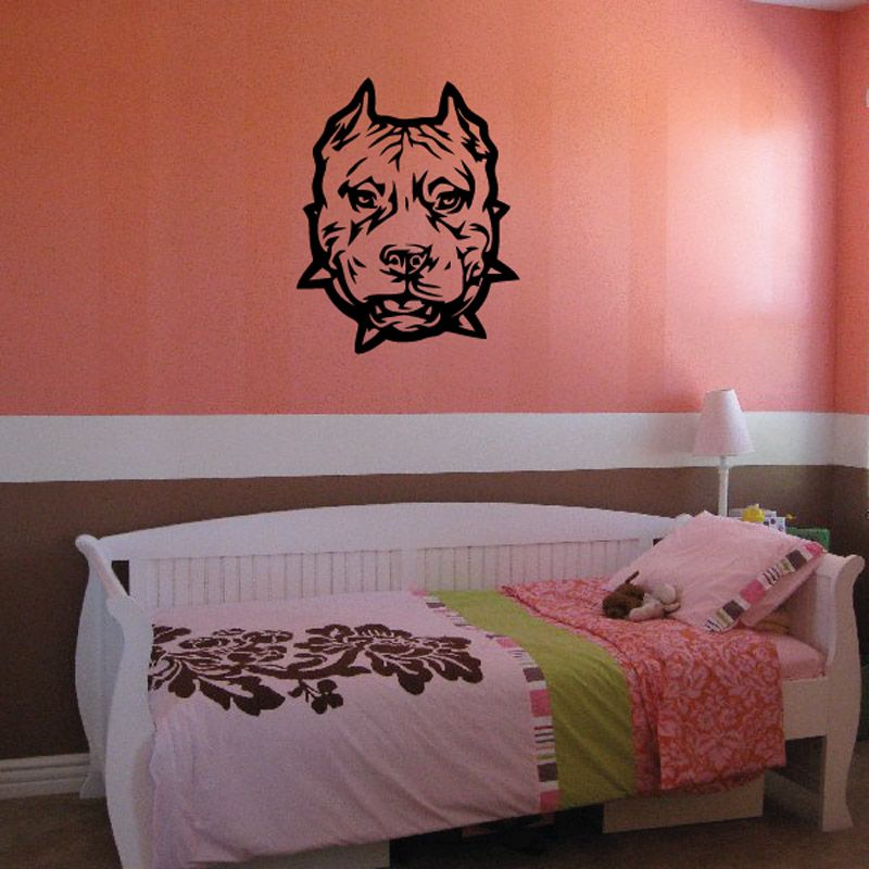 Growling pit bull face decal, black vinyl outline on wall