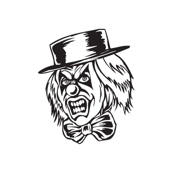 Clown head decal with growling face and short brim hat, black-and-white