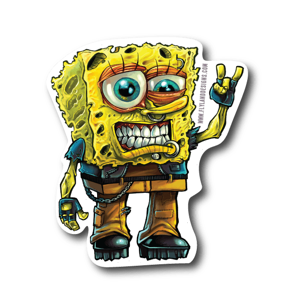 Grunge Bob vinyl sticker: yellow cartoon character with blue eyes, teeth, raised hand