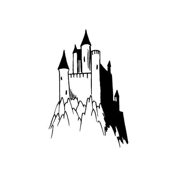 Black and white castle decal with guarded towers and crenellated walls