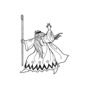 Guardian wizard decal: line art figure holding staff, star-patterned cloak