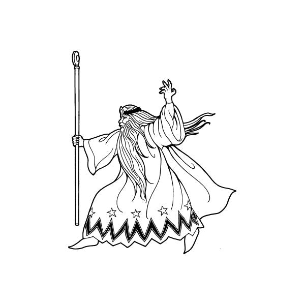 Guardian wizard decal: line art figure holding staff, star-patterned cloak