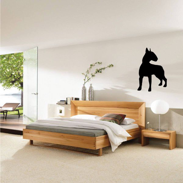 Black bull terrier silhouette wall decal, dog standing and facing right