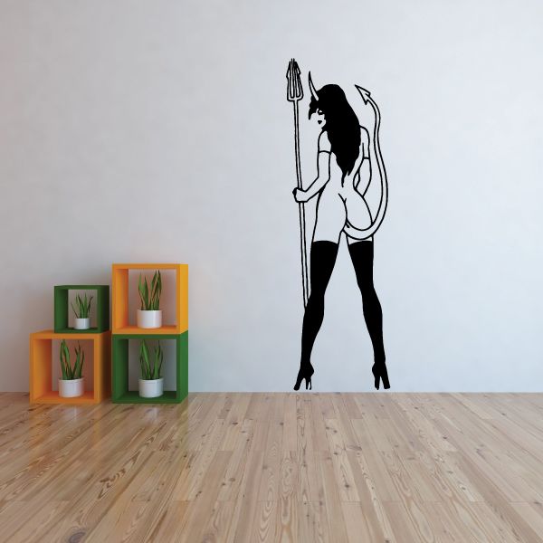 Devil girl decal, black silhouette holding a trident staff